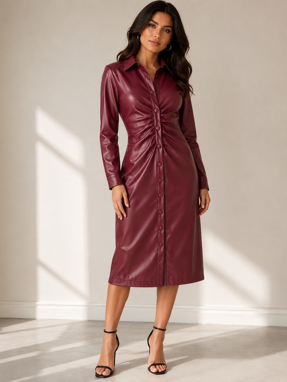 BNWOT Faux Leather Ruched Button-Front Long Sleeve Dress